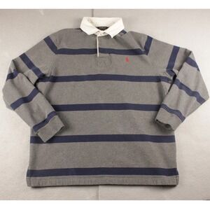 Polo Ralph Lauren Mens XL Rugby Shirt Grey Navy Blue Striped Fleece Long Sleeve